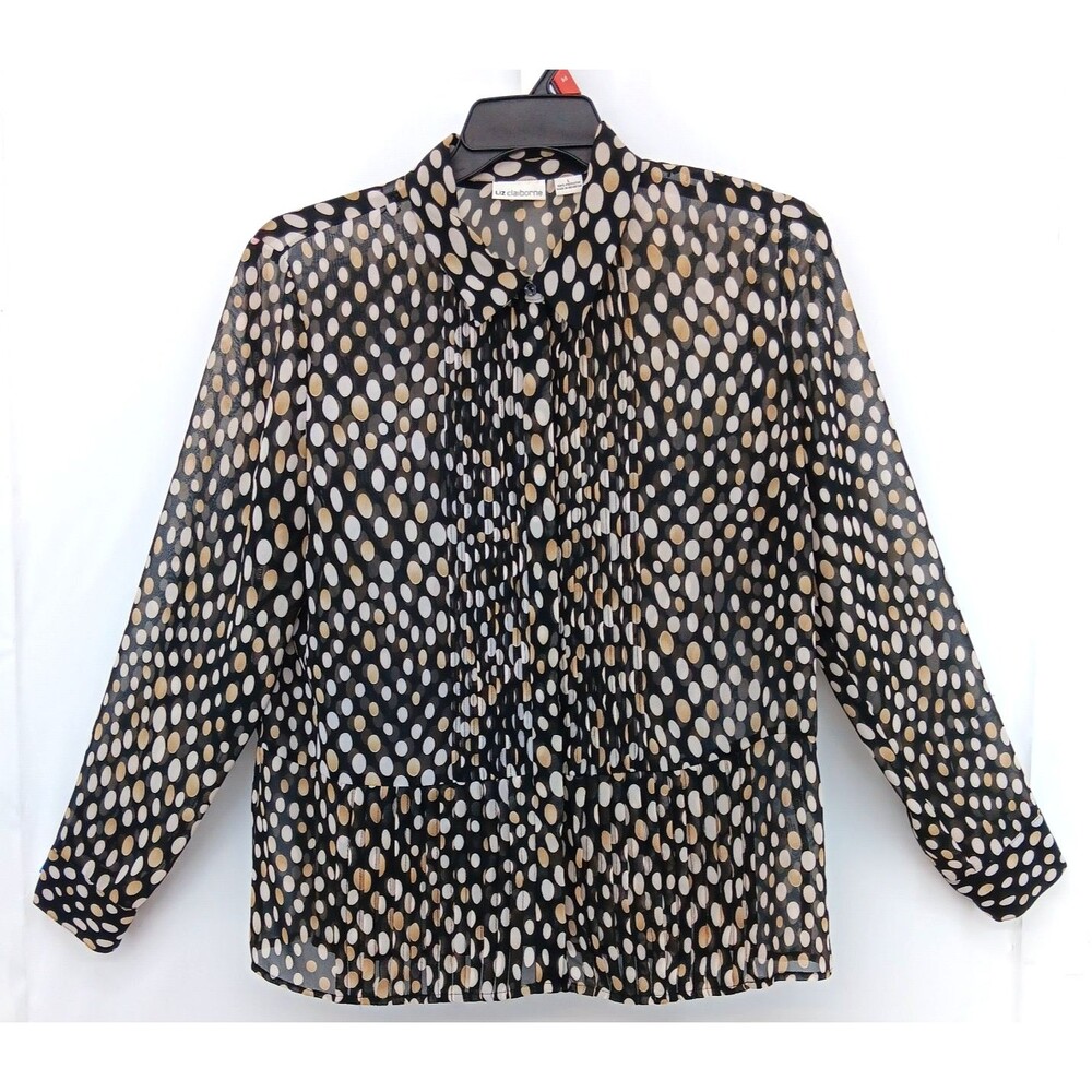 Liz Claiborne Blouse Women Large Black Multicolor Circle Pleated Sheer Button Up